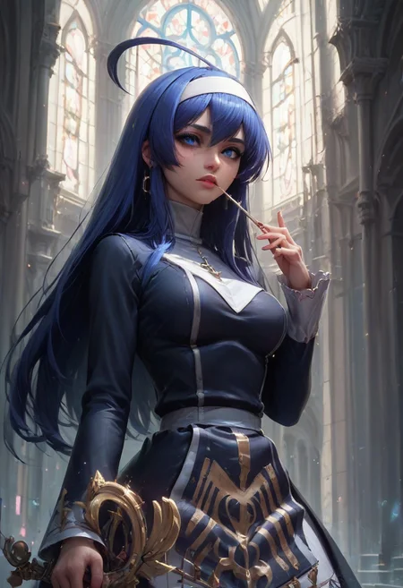 score_9, score_8_up, score_8. score_9, score_8_up, score_7_up, score_6_up, masterpiece, 4k, high quality
vivid colors, Expressive,
1girl, Orie Ballardiae, (/Under Night In-Birth)/, (ultra HD quality details), blue hair, straight hair, long hair, ahoge, huge ahoge, (blue eyes), hairband,
black dress, turtle neck, long sleeves, layered skirt, black shoes, stiletto shoes, high heels, thighhighs, white thighhighs, rapier, sword, holding rapier, holding sword,