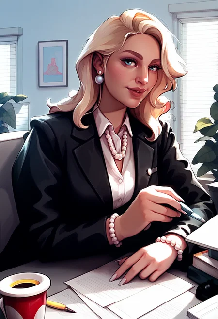 rating_safe, 1girl, solo, long black pancil skirt, white office blouse, black jacket, pearl neclace, office,  blond,   <lora:HaleighCoxPonyV1_cons-000004:1> , <lora:Smooth Style 2 SDXL_LoRA_Pony Diffusion V6 XL:0.8>, score_9, score_8_up, score_7_up,
