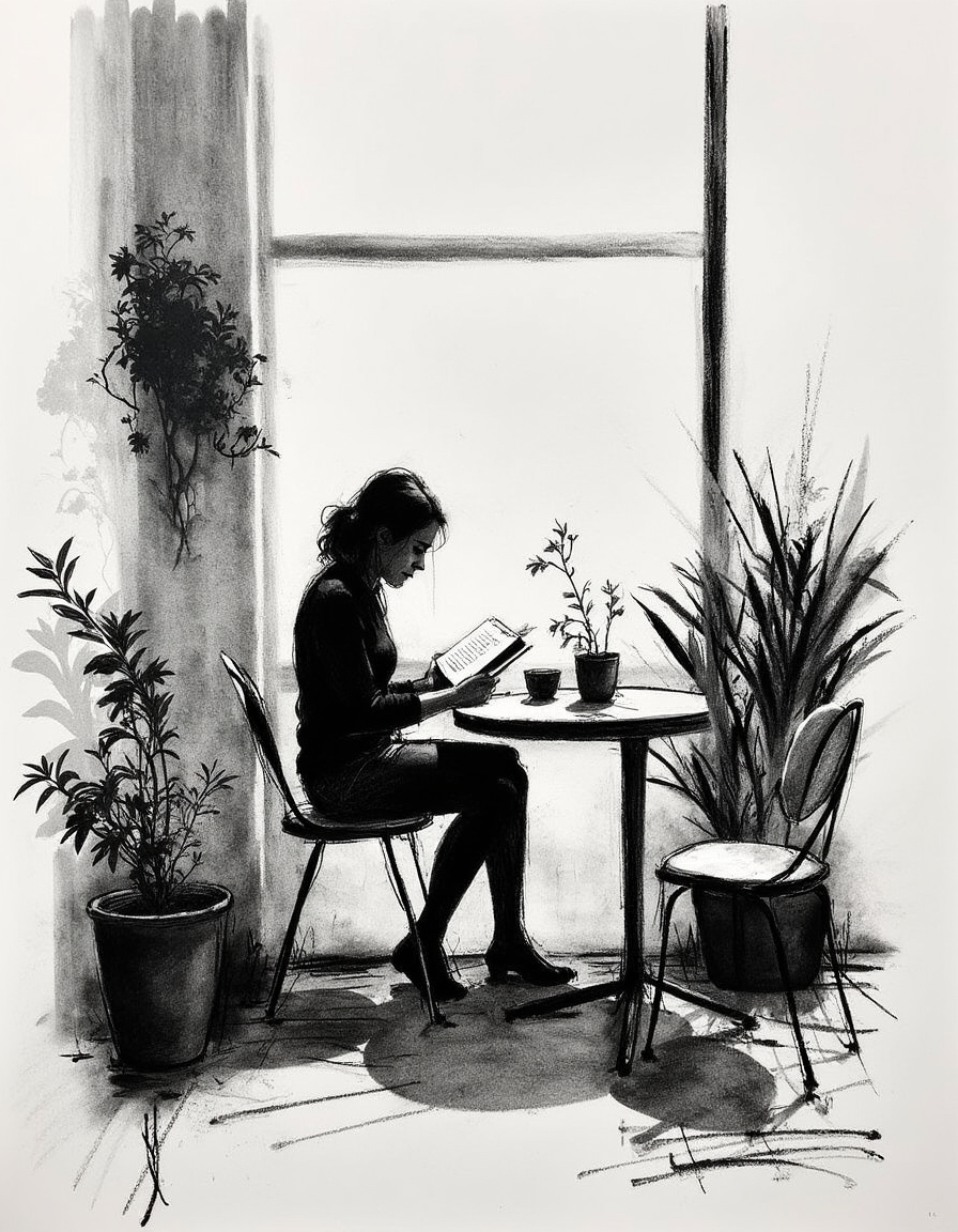 Minimalist charcoal drawing of young woman reading a book at a table in a dimly lit cafe. many potted plants. Drawn with large charcoal smudges. almost abstract.<lora:Charcoal.safetensors:1.0:1.0>