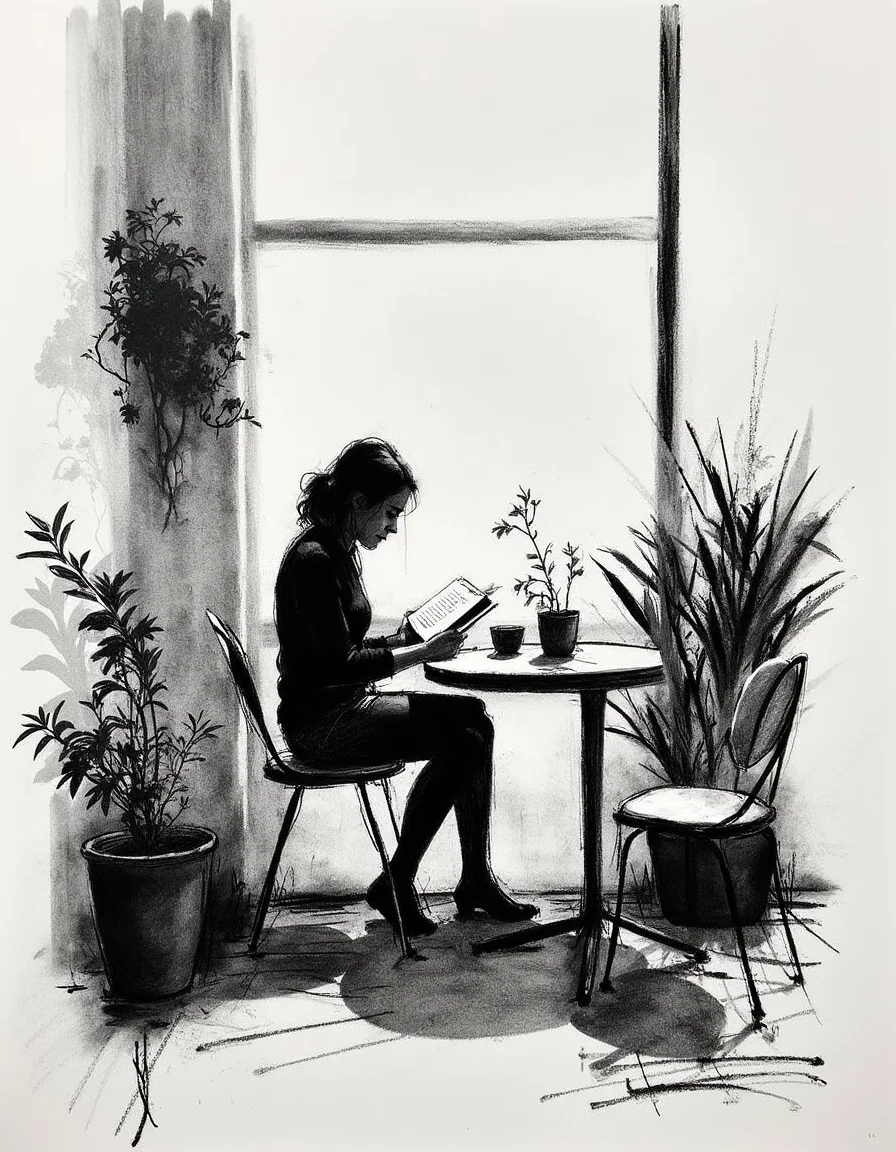 Minimalist charcoal drawing of young woman reading a book at a table in a dimly lit cafe. many potted plants. Drawn with large charcoal smudges. almost abstract.<lora:Charcoal.safetensors:1.0:1.0>