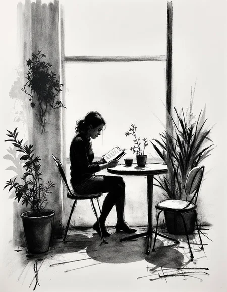 Minimalist charcoal drawing of young woman reading a book at a table in a dimly lit cafe. many potted plants. Drawn with large charcoal smudges. almost abstract.<lora:Charcoal.safetensors:1.0:1.0>