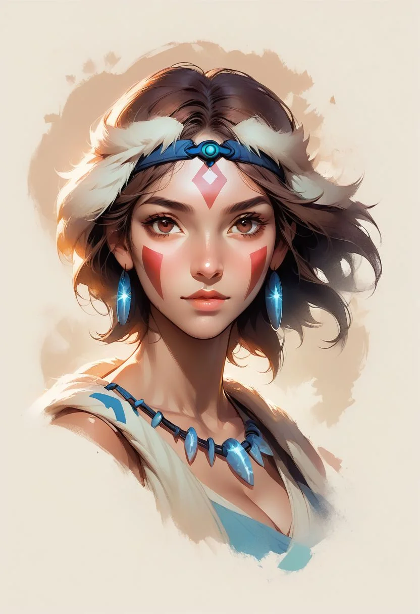 Faded Headshot, faded bottom, faded edges ,score_9,score_8_up,score_7_up,score_6_up,score_5_up,
1girl, San(/Princess Mononoke)/,(ultra HD quality details), pale skin, brown hair, facepaint, brown eyes, short hair, headband, crystal necklace,
holding polearm,
, digital illustration, disney, rule 63, full body, perfect anatomy, perfect face, butt showing esthetically, abstract beauty, beautiful, centered, looking at the camera, approaching perfection, dynamic, moonlight, highly detailed, watercolor painting, artstation, concept art, smooth, sharp focus, illustration,
(upper body:1.2), (close up:1.5), portrait, huge breasts, deep cleavage,