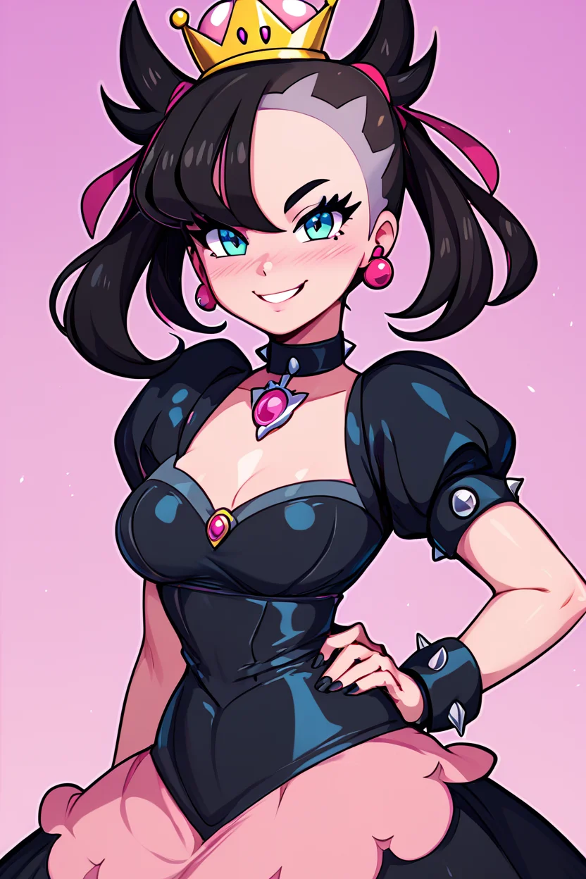 score_9, score_8_up, score_8, medium breasts,(curvy), cute, eyelashes, BREAK, , ,,, zzShadowHimeMarnieCitron, super crown, black hair, twintails, asymmetric bangs, crown, black dress, pink gemstone, pink waist bow, bangs, dress, jewelry, short sleeves, earrings, choker, black dress, black choker, <lora:ShadowHimeMarnie_CitronOC_PDXL_v2:0.8> ,,, <lora:Afrobull_PDXL_v5:0.8>, ,,,, BREAK, smile, looking at viewer, hip to the side, hand on hip, contrapposto, embedding:zPDXL, Expressiveh, <lora:SDXLFaeTastic2400:0.5>, <lora:Expressive_H-000001:0.4>,