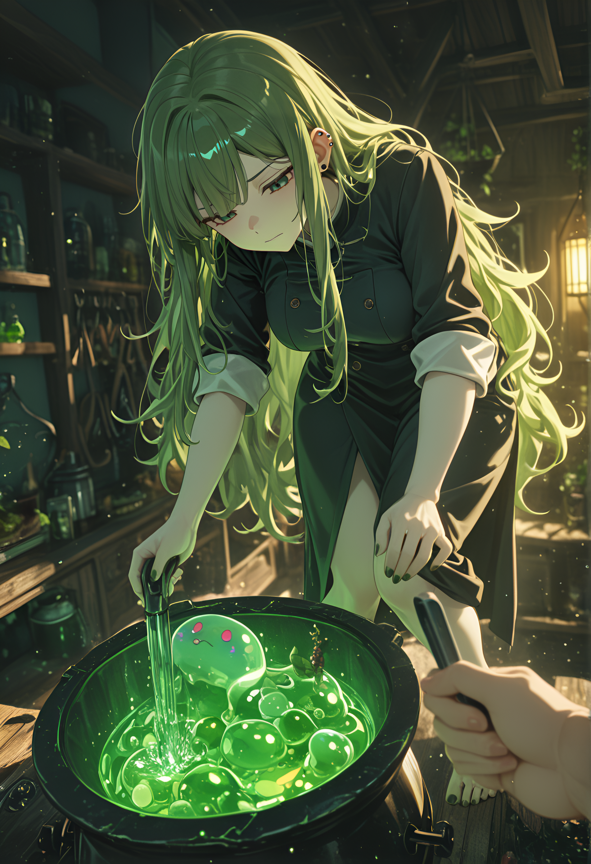 Aurora Borealis/Australis, depth of field, herb-hanging racks, ingredient classification shelves, glow, pov, Olive green hair, curtsy - A formal greeting, newest, practical enchantment, absurdres, self-stirring cauldron, large breasts, barefoot, best quality, magical knife chopping, masterpiece, perky breasts, blurry background, pale skin, 2boys, ultra-detailed, amazing quality, standing, very aesthetic, motion_blur:1.1, long messy hair, apprentice duty chart, wizard's cottage kitchen, purified water cistern, nail_polish, slime_(creature), temperature-perfect oven, long hair, Green Theme, recipe spell book, Cheongsam in blue silk with a high slit on one side., miniature world, RTX, bending knees with one foot behind the other, motion_lines:1.1, ambient occlusion, 8K, Sprite, Naomi Tanizaki (Bungou Stray Dogs), absolutely eye-catching, anime character, 1girl, stormy, ear_piercing