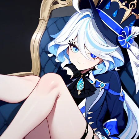 Furina_(Genshin_Impact), 1girl, solo, blue_eyes, mismatched_eyes, mismatched_pupils, drop-shaped_pupils, hair_between_eyes, white_hair, blue_hair, multicolored_hair, long_hair, streaked_hair, small_breasts, hat, blue_headwear, jacket, gloves, black_gloves, white_gloves, mismatched_gloves, shorts, white_shorts, (pov), ((from_below)), armchair, crossed_legs, barefoot, smile, closed_mouth, hand_on_own_face, feet, looking_at_viewer, soles, foot_focus, black_background,