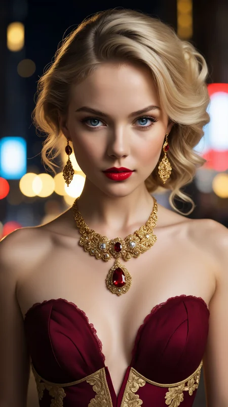 Effe_Loovia, IllusP0s, (style of Kentaro Miura:0.8), cleavage focus, dynamic action pose, Magical effects, (style of [mario testino|annie leibovitz]:1.14), (style of Peter Lindbergh), woman, upper body, face, dressed in a couture gown, deep red, intricate lace, luxurious fabric, gold embroidery, baroque-inspired patterns, the gown hugs her silhouette, dramatic, elegant, regal, model's expression confident, intense gaze, hair styled in a tousled updo, bold red lipstick, flawless makeup, golden jewelry, necklace, earrings, exuding sophistication, poised, powerful, New York City, street scene, evening, blurred background, vibrant city lights, bustling atmosphere, the contrast between high fashion and the urban setting, neon signs, wet pavement reflecting lights, creating a cinematic effect, slight bokeh, capturing the energy of the city, blending luxury with street style, visual storytelling, modern couture, timeless elegance, the model stands out amidst the urban chaos, commanding attention, a perfect blend of glamour and grit, high-end fashion editorial, capturing the essence of New York's vibrant nightlife, bold, alluring, captivating, Stable_Yogis_Illustrious_Positives