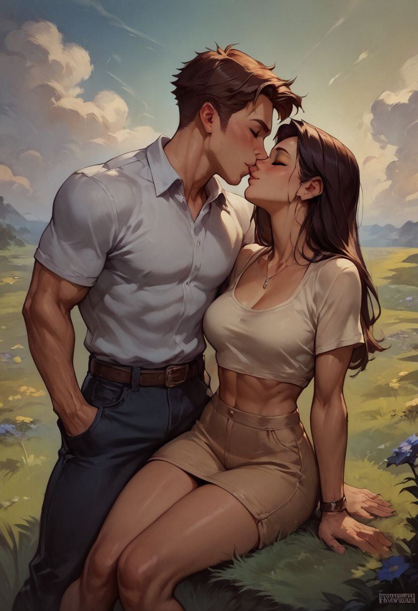 Xxx, score_9, score_8_up, score_8, score_9, a couple on a date, a big muscular young-man, petite girl, in a grassy meadow, romantic foreplay, kissing