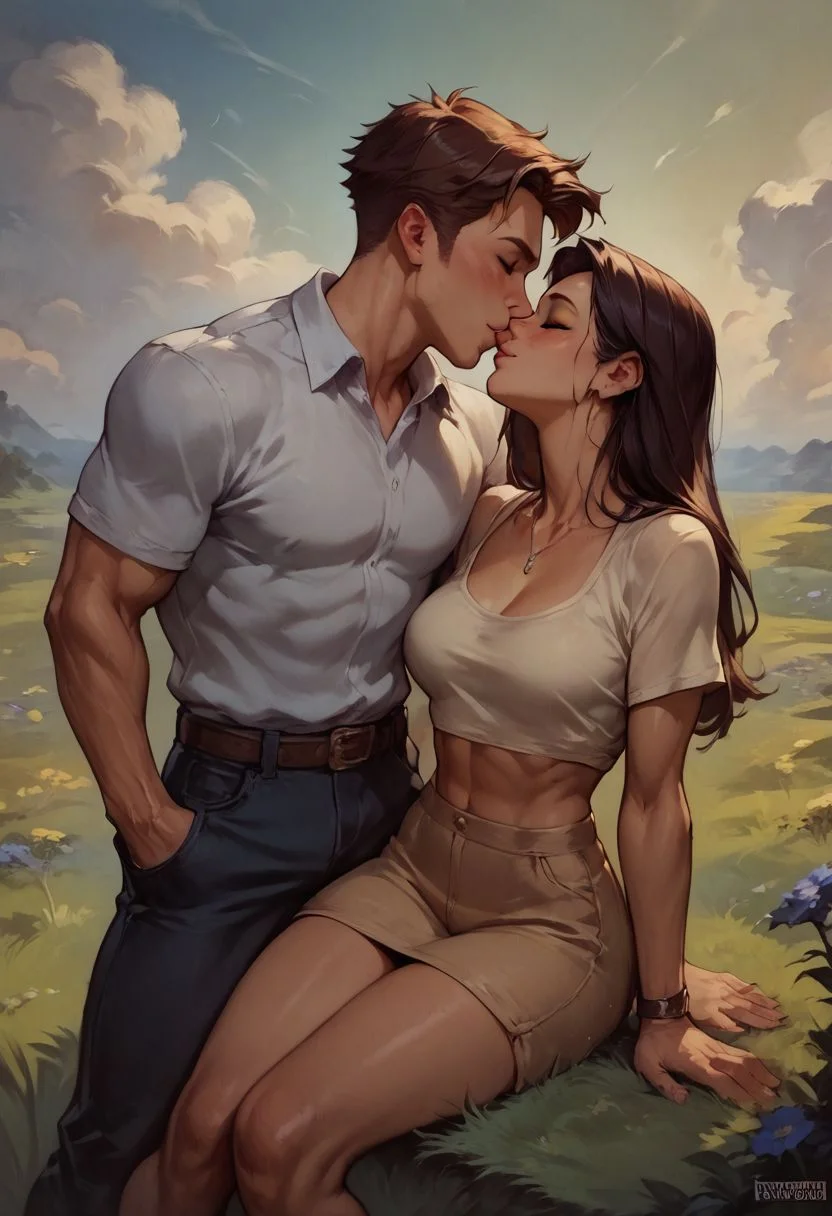 Xxx, score_9, score_8_up, score_8, score_9, a couple on a date, a big muscular young-man, petite girl, in a grassy meadow, romantic foreplay, kissing