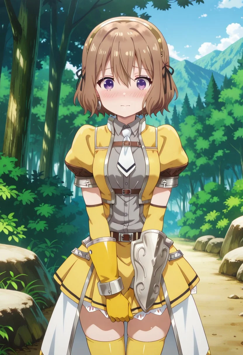 medium depth of field, rule of thirds, masterpiece-level, clean lines, sharp, focused subject, minimalistic composition, masterpiece, amazing quality, best quality, anime screencap, detailed face, detailed eyes, detailed outfit, face focus,
general,highres, ultra-detailed,very aesthetic,best quality ,best hands, perfect anatomy,detailed,
BREAK 1girl, solo, Mafuyu HOSHIKAWA,purple_eyes, brown_hair, short_hair, hair ribbon, black ribbon, small breasts, short body, petite,
azure armor, full azure armor, grey shirt, white tie, white waist cape,
silver hoop earrings, silver arm shield, black choker,
yellow hair ribbon hairband, yellow thighhighs, yellow cropped jacket, yellow armored gloves, yellow miniskirt, yellow armored boots,
from front, cowboy shot,
standing, embarrassed, blush, covering crotch, covering breasts, looking at viewer,
(Forest, woods, trees, rocks, bushes, mountains,),