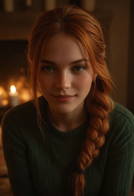 score_9, score_8_up, score_7_up, score_6_up,
1girl, 25 years old, perfect face, (adult), sexy, close view, looking at viewer,
dark green eyes, freckles,
ginger hair, folded braid,
green sweater,
fireplace, candles, indoors,
blush, shy smile, portrait, face focus, detailed face,