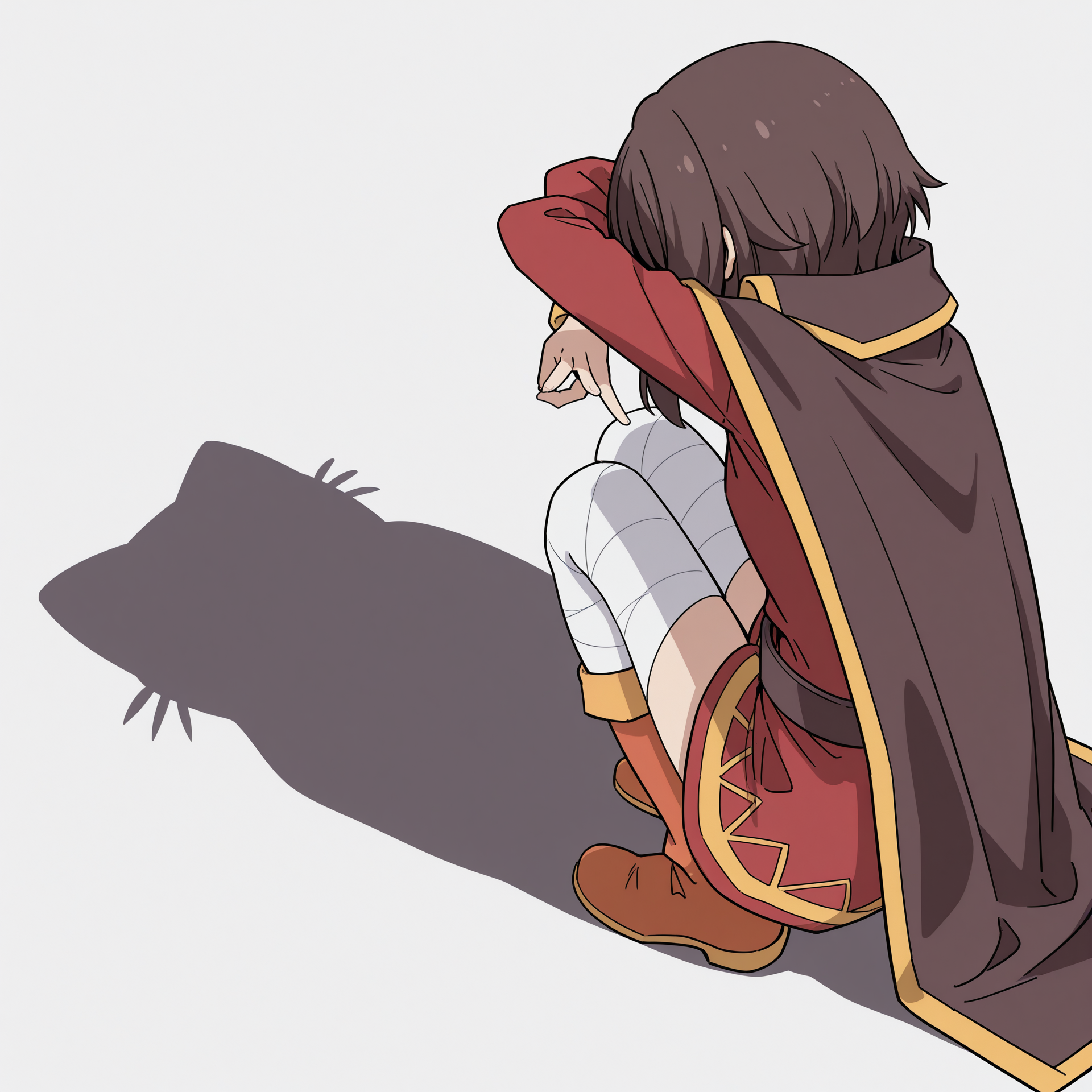 highres, absurdres, hi res, best quality, masterpiece, 2d, intricate details, 4k, anime coloring,
1girl, solo, short hair, sidelocks, brown hair, megumin,
dress, bandages, magical girl, cape,
from behind, from side, shadow, animal, parody, squatting, cat, meme, cat shadow puppet \(meme\), cat shadow puppet (meme), crossed arms,
white background, <lora:Cat_Shadow_Puppet_(Concept)_ILXL:1>,