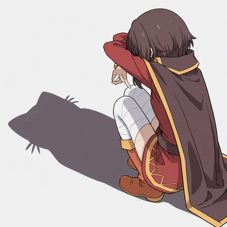 highres, absurdres, hi res, best quality, masterpiece, 2d, intricate details, 4k, anime coloring,
1girl, solo, short hair, sidelocks, brown hair, megumin,
dress, bandages, magical girl, cape,
from behind, from side, shadow, animal, parody, squatting, cat, meme, cat shadow puppet \(meme\), cat shadow puppet (meme), crossed arms,
white background, <lora:Cat_Shadow_Puppet_(Concept)_ILXL:1>,