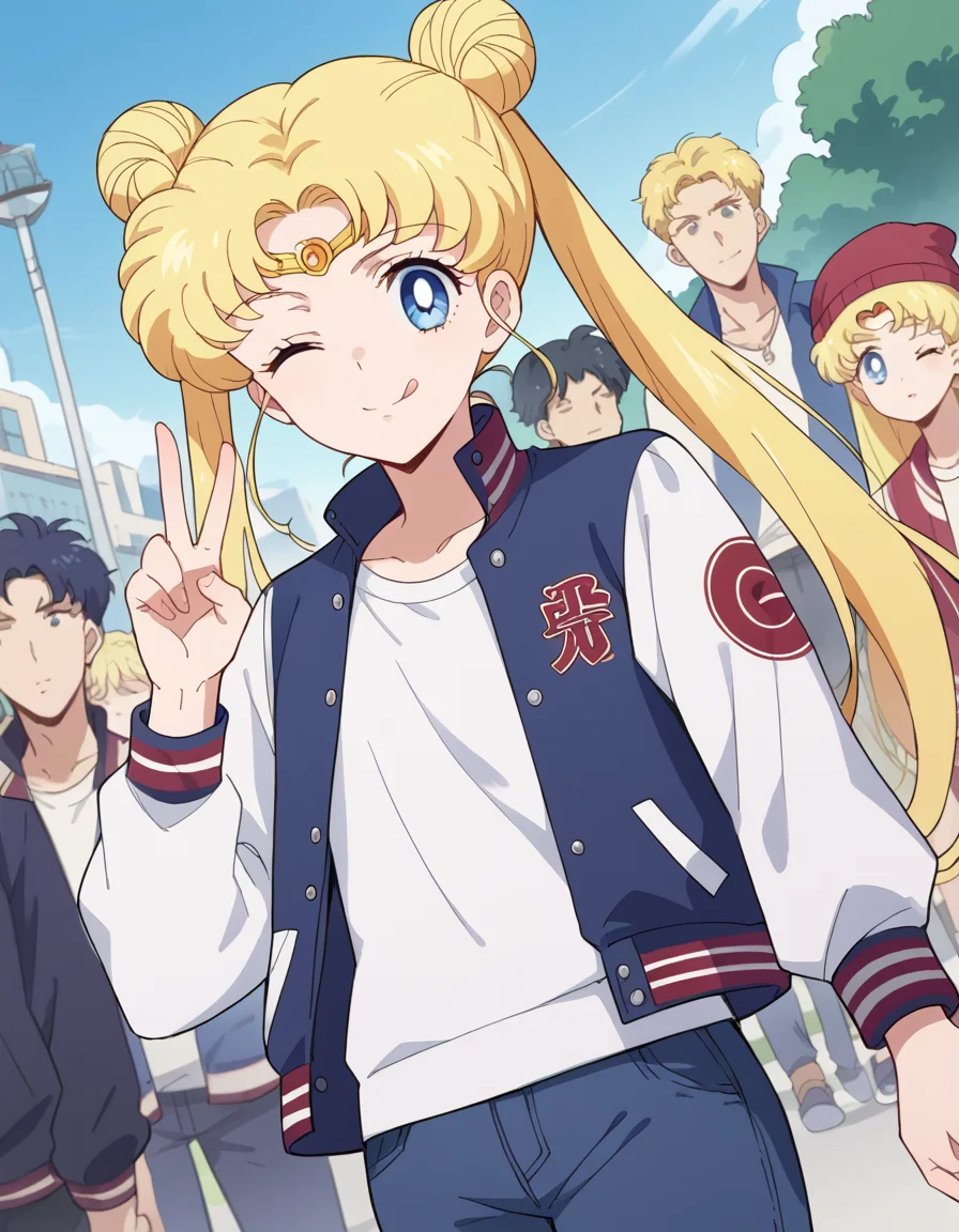 score_9, score_8_up, score_7_up, source_anime, <lora:usagi-tsukino-eternal-movie1-ponyxl-lora-nochekaiser:1>, usagi tsukino, blonde hair, blue eyes, double bun, hair bun, hair ornament, long hair, twintails, circlet, parted bangs,, <lora:letterman-jacket-ponyxl-lora-nochekaiser:1>, letterman jacket, jacket,, outdoors, crowd, people, v, v over eye, one eye closed, tongue out, smile, beanie, pants, open clothes, open jacket,, cowboy shot, solo, looking at viewer, dutch angle,