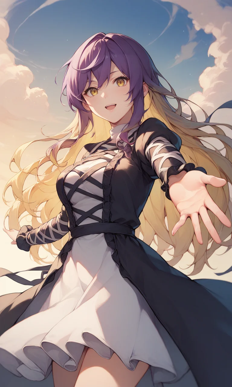 score_9, score_8_up, score_8, score_9, 1 girl, source_anime, hijiri byakuren, <lora:byakuren_hijiri_pony-10:1>, purple hair, blonde hair, two-tone hair, black dress, white dress, layered dress, cross-laced clothes, long hair, yellow eyes, reaching towards viewer, sky