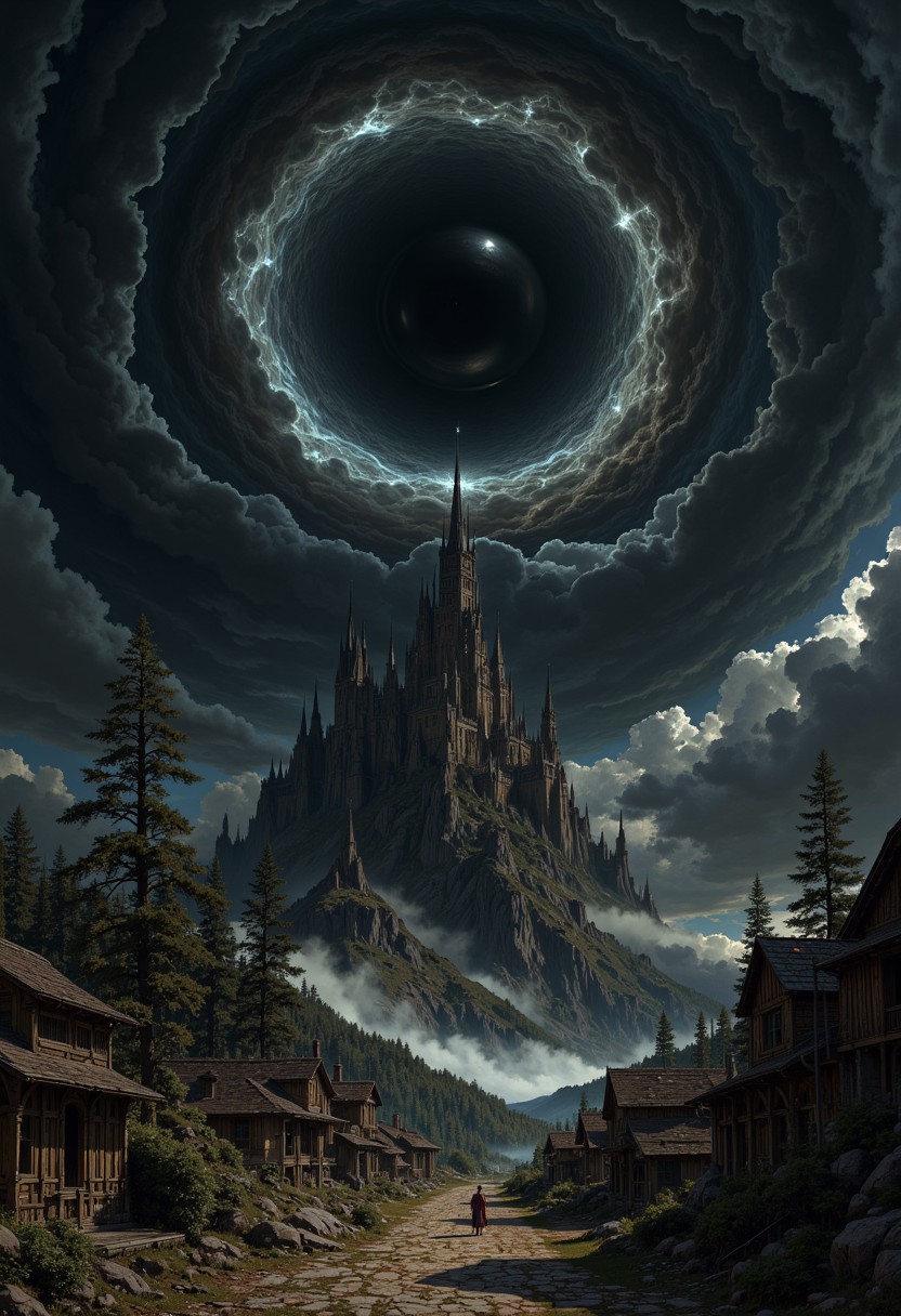 a dark, surreal landscape. The layout features a central focus on a swirling vortex in the sky, with a black sphere at its center, surrounded by ominous, swirling clouds in shades of blue and gray. Below, a mysterious castle sits atop a hill, shrouded in mist, with jagged towers reaching upwards. The foreground includes a desolate village with wooden huts, barren trees, and a path leading towards the castle. The overall color palette is dark and moody, with muted earth tones and contrasting highlights, creating a sense of mystery and foreboding.