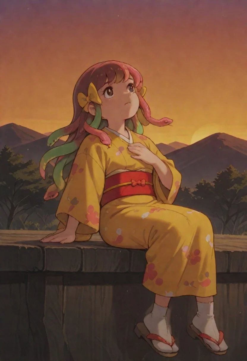 1 girl, general,
solo, solo focus,
mature girl,
saku4a, long hair, brown hair, black eyes, yellow kimono, multiple hair bows,
slender, medium breasts,
Kimono, Wide sleeves, sash, obi, white socks, sandals,
(gummy worm hair, gradient hair, sugar, multicolored hair, snake, snake_hair:1.6),
sitting on terrace, hand on own chest,
expressionless, blank stare, lookin up, looking at sky, head tilt, from side,
growing red eyes, sunshine reflecting on her eyes, shuny eyes,
detailed background, in farming village,
scenery,
girl focus, wide shot, perspective, depth of field,
sunset, dimly light, volumetric lighting, cinametic lighting, high contrast,
best quality, good quality, very aesthetic, absurdres, amazing quality, huge filesize, 8k, official art, newest,
