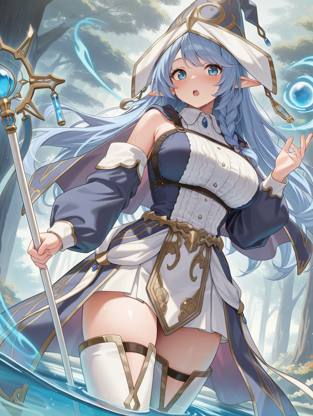water enchantress of the temple,blue witch hat,witch dress,blue detached sleeves,white thighhighs,1girl,staff,large breasts,solo,holding staff,looking at viewer,open mouth,tree,blush,magic,dutch angle,wading,
masterpiece,best quality,amazing quality,very aesthetic,absurdres,newest,<lora:Water Enchantress of the temple illuXL v1.1:0.7>,