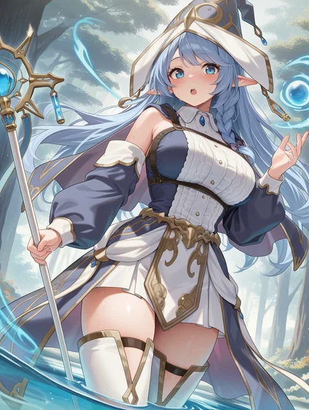 water enchantress of the temple,blue witch hat,witch dress,blue detached sleeves,white thighhighs,1girl,staff,large breasts,solo,holding staff,looking at viewer,open mouth,tree,blush,magic,dutch angle,wading,
masterpiece,best quality,amazing quality,very aesthetic,absurdres,newest,<lora:Water Enchantress of the temple illuXL v1.1:0.7>,