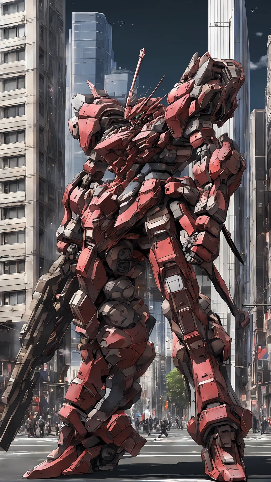 best quality, masterpiece, ultra-detailed, mecha robot, (ultra-detailed mecha armor), full armor, (very large size mecha:1.5), (city:2), glowing eyes, (full body:1.2), (mechanical parts:1), (robot joints:1), (military parts:1.5), (heroic parts:0.1), cable, (battle-ready:1.2),(powerful stance:1.3),(Detailed eye description:1.2),(huge mechanical weapon:1.2), (detailed weapon description:1.2), (holding weapon and weapon :1.5)<lora:srdxl_v2g:0.8>
