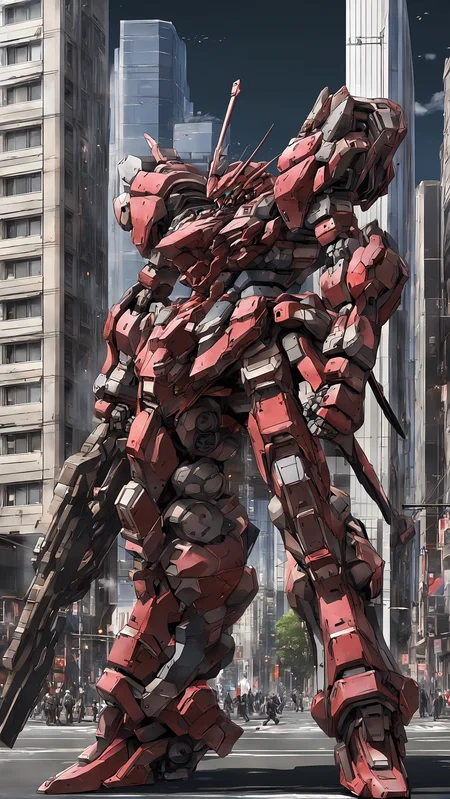 best quality, masterpiece, ultra-detailed, mecha robot, (ultra-detailed mecha armor), full armor, (very large size mecha:1.5), (city:2), glowing eyes, (full body:1.2), (mechanical parts:1), (robot joints:1), (military parts:1.5), (heroic parts:0.1), cable, (battle-ready:1.2),(powerful stance:1.3),(Detailed eye description:1.2),(huge mechanical weapon:1.2), (detailed weapon description:1.2), (holding weapon and weapon :1.5)<lora:srdxl_v2g:0.8>