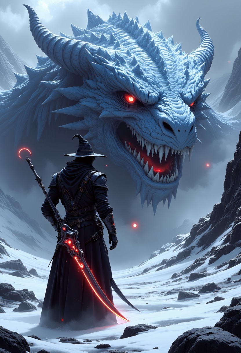 The image is a highly detailed, vibrant digital artwork featuring a futuristic, gothic-inspired male warrior standing in a dramatic, icy wasteland. The warrior, a tall figure with a slender, athletic build, is dressed in futuristic armor that blends medieval and sci-fi elements. The armor is predominantly black with red accents, featuring sharp, angular plates and glowing neon red highlights. The warrior wears a wide-brimmed, pointed hat with a black, pointed top and a silver lining, adding to the mystical, gothic aesthetic. The warrior's face is obscured by a helmet with a visor. They hold a huge and massive, curved scythe-like weapon so massive that it looks far too heavy to carry, with a glowing red blade and a dark, mechanical handle, adorned with glowing red accents. In the background, the frozen landscape stretches toward a massive, ancient dragon head, partially buried in ice, its hollow eye sockets and razor-sharp teeth adding an eerie, mythical presence to the scene.