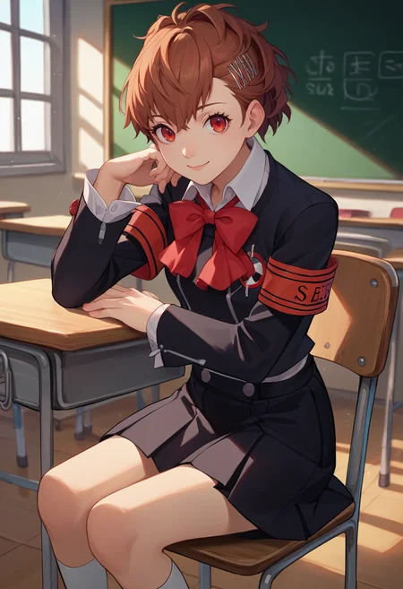 score_9, score_8_up, score_7_up, source_anime, 1girl, shiomi kotone, smile, looking at viewer, sitting, chair, hairclip, gekkoukan high school uniform, black jacket, red bow, armband, long sleeves, black skirt, digital media player, indoors, classroom <lora:persona3_shiomi_ponyXL:1>