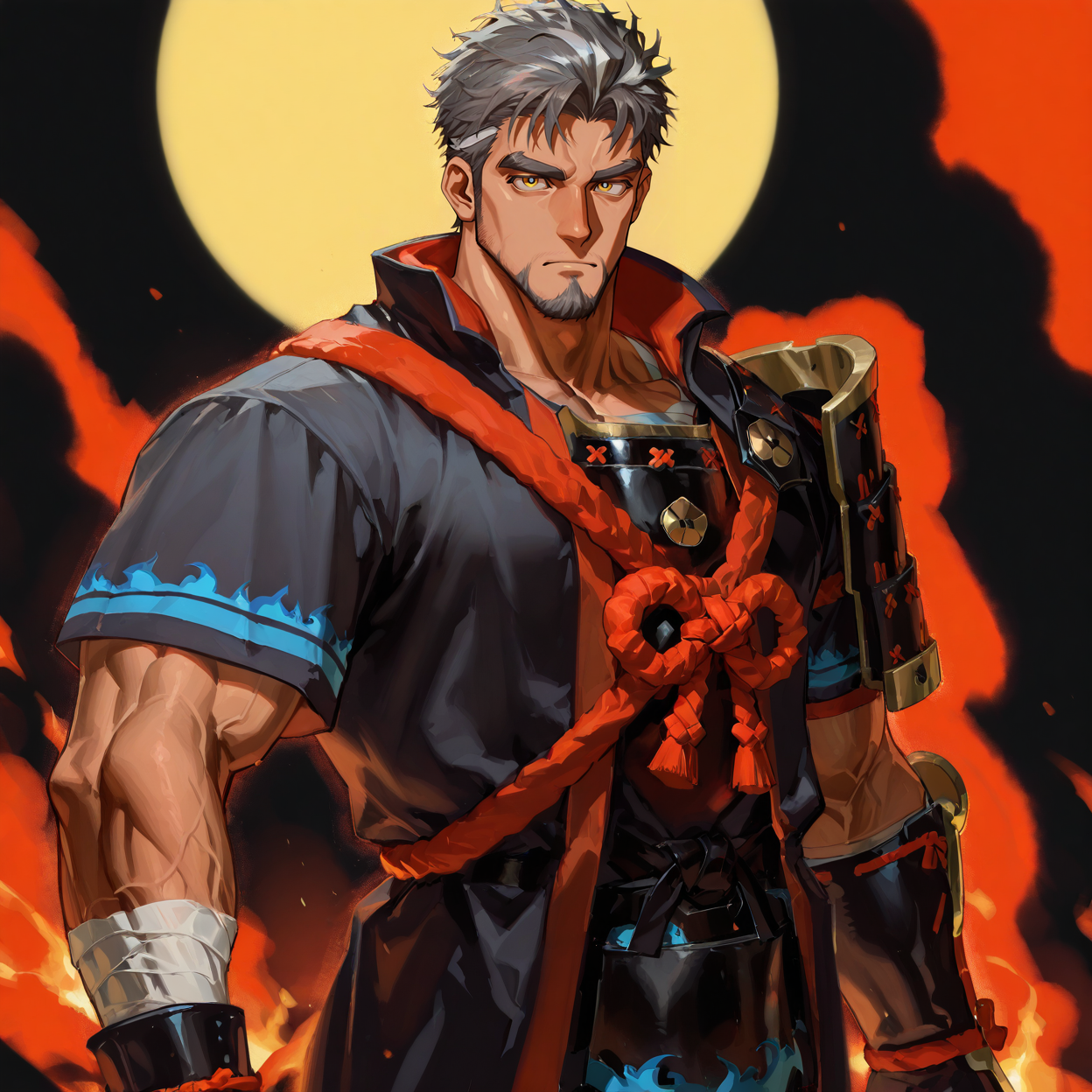 <lora:Creto__Alchemist_Code-000004:.7>, tagatamecreto, 1boy, short hair, grey hair, single stripe hair, yellow eyes, solo, male focus, manly, bara, mature male, muscle body, bandages, knot, coat, short sleeves, armor, dougi, boots, samurai
cowboy shot, 
(very short hair, beard, bara, mature, facial hair, stubble, beard, full beard, sideburn, beard, a lot of beard, ), facial hair,male focus, muscular male, muscular male, bara, mature,  bara, mature, aixiwuganda_(20222192), very awa, masterpiece, best quality, absurdres, newest, perfect quality, detailed background, intricate details,
<lora:slider_Body Type_alpha1.0_rank4_noxattn_last:3><lora:Anime Summer Days 2 Style SDXL_LoRA_Pony Diffusion V6 XL:.6><lora:slider_cfg_scale_boost:.7><lora:Artist6p:.55>, Artist6p, Artist04p,<lora:slider_il_brightness_slider_d1:-1><lora:slider_il_contrast_slider_d1:-1><lora:slider_DarkSlider1.2_alpha1.0_rank16_full_300steps:-.6>