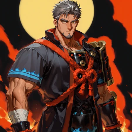 <lora:Creto__Alchemist_Code-000004:.7>, tagatamecreto, 1boy, short hair, grey hair, single stripe hair, yellow eyes, solo, male focus, manly, bara, mature male, muscle body, bandages, knot, coat, short sleeves, armor, dougi, boots, samurai
cowboy shot, 
(very short hair, beard, bara, mature, facial hair, stubble, beard, full beard, sideburn, beard, a lot of beard, ), facial hair,male focus, muscular male, muscular male, bara, mature,  bara, mature, aixiwuganda_(20222192), very awa, masterpiece, best quality, absurdres, newest, perfect quality, detailed background, intricate details,
<lora:slider_Body Type_alpha1.0_rank4_noxattn_last:3><lora:Anime Summer Days 2 Style SDXL_LoRA_Pony Diffusion V6 XL:.6><lora:slider_cfg_scale_boost:.7><lora:Artist6p:.55>, Artist6p, Artist04p,<lora:slider_il_brightness_slider_d1:-1><lora:slider_il_contrast_slider_d1:-1><lora:slider_DarkSlider1.2_alpha1.0_rank16_full_300steps:-.6>