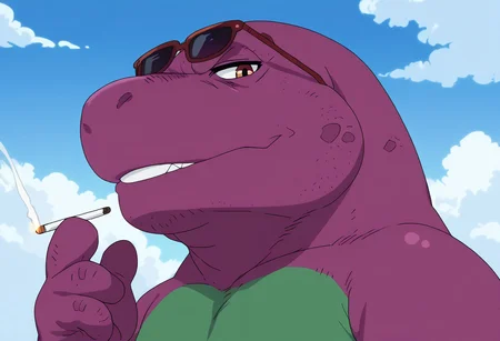 barneydinosaur, score_9, score_8_up, score_7_up, score_6_up, score_5_up, score_4_up, source_furry, hi res, sfw, 2d artwork, solo, 1boy, anime screencap,
anthro, biped, dinosaur, scalie, tyrannosaurus rex,, fat, chubby, purple body, green belly, white teeth, short arms, (two fingers), huge body,
portrait, sunglasses, looking at viewer, from side, smoking, cigarette, lighter in hand,
red sky, clouds