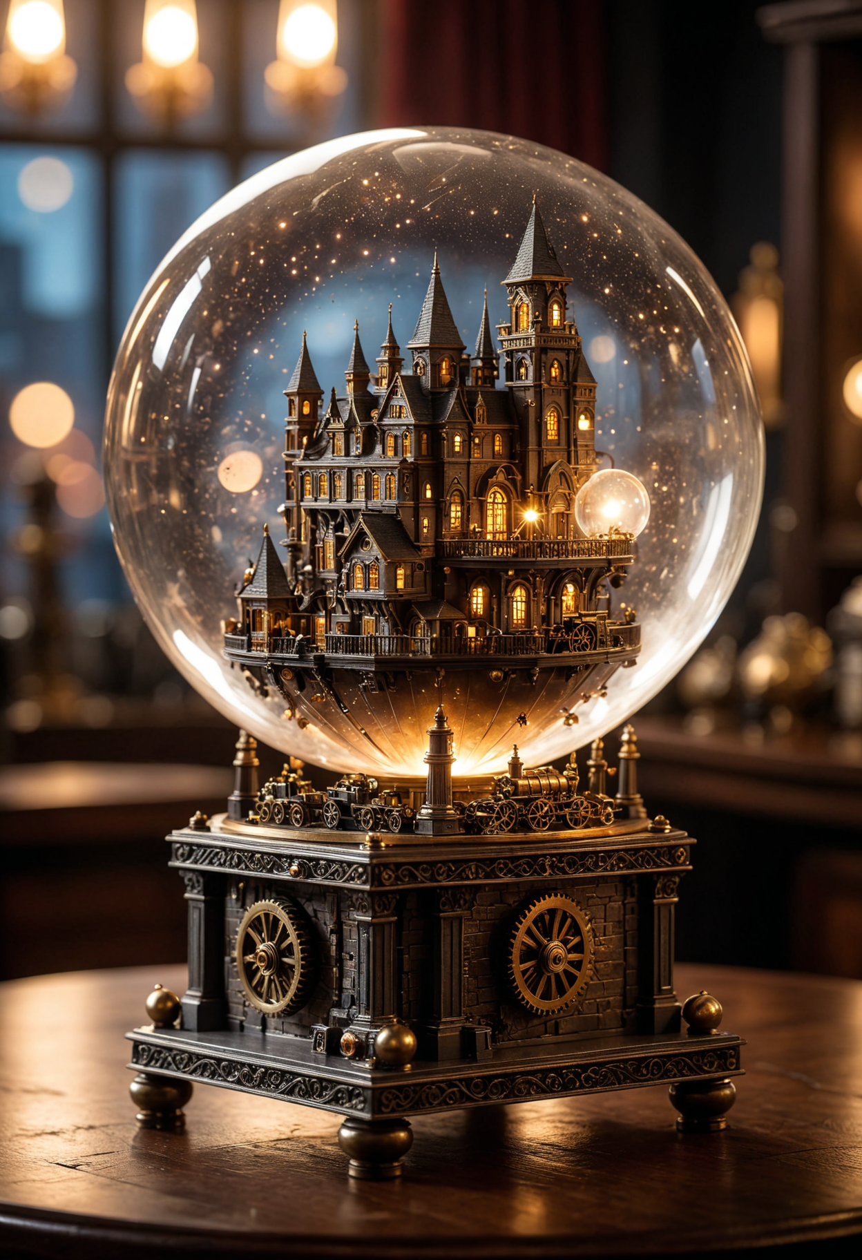 Intricate glass orb containing a miniature, steampunk city with moving gears, steam-powered vehicles, and airships, steam rising from the orb like mechanical smoke, the orb resting on a brass stand with cogs and wheels, reflections of the city's lights on the glass surface, hyperrealistic, 32k, (((masterpiece))), (((ultimate quality))), photorealistic, epic composition, film grain, bokeh, soft focus, cinematic lighting,
 <lora:add_detail:1>, <lora:add-detail-xl:1>,  SK_CINEMATIC