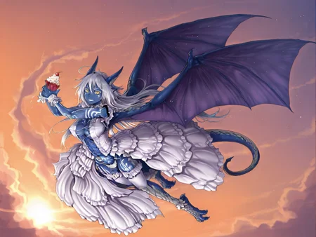 1girl, <lora:giselle_illustrat:1.0>,(giselle:1.2),tail,scales,(hips),(blue_skin),wedding dress,(covered nipples:0.7),wings,white hair,(slit pupils),smile,yellow eyes,(feets),(flying in sky, carrying cupcake),sunset,masterpiece,best quality,amazing quality