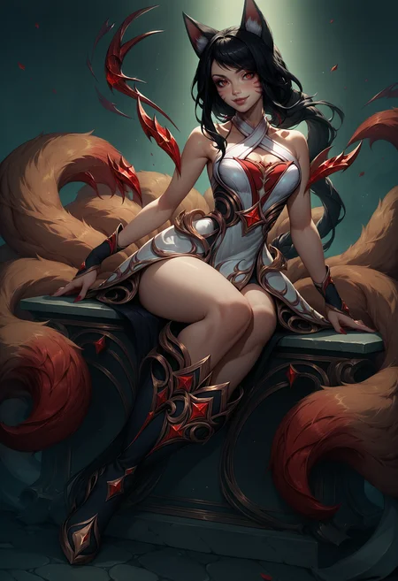 score_9, score_8_up, score_7_up, 1girl, ahririsen, animal ears, facial mark, fox tail, multiple tails, long hair, black hair, red eyes, breasts, red nails, dress, halterneck, bare shoulders, cleavage, boots, <lora:AhriAllInOne_pdxl_Incrs_v1:1>, seductive smile,
