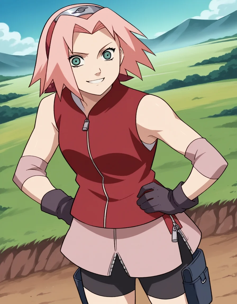 score_9, score_8_up, score_7_up, source_anime,
sakuraharuno, <lora:sakura-haruno-shippuden-s1-ponyxl-lora-nochekaiser:1>,
sakura haruno, short hair, green eyes, pink hair, parted bangs, hairband, forehead protector,
gloves, green eyes, sleeveless, black gloves, red shirt, zipper, forehead protector, konohagakure symbol, boots, bike shorts, zipper, toeless footwear,
outdoors, landscape, smile, hands on hips,
cowboy shot, looking at viewer, solo, dutch angle,