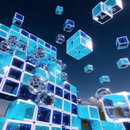 cubes in a hyper-real early 1990s computer graphic format sitting in a field they are made out of translucent bubbles. inside each cube is a different holographic head in the sky swirling psychedelic bubbles, DMT trip acid recreation