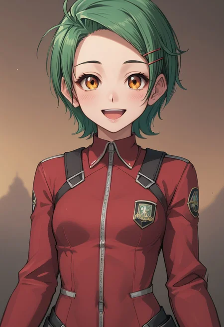 score_4,score_5,score_6,score_7_up,score_8_up,score_9
((masterpiece,best quality,ultra detailed,highres,HD,4k:1.2)),
1 cute girl,solo,
Erika,lime green hair,very short hair,orange eyes,((hairpin)),parted bangs,
Rider suit, red rider suit, 
smile,open mouth,