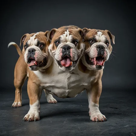 a cerberus english bulldog<lora:cerberus-000011:1>