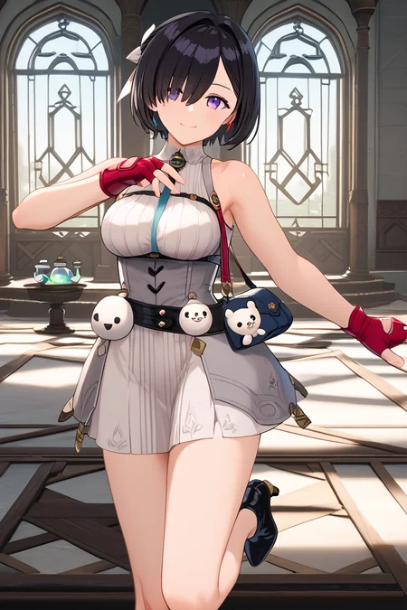 <lora:yumia_liessfeldt_AY_pony:1>underbust, yumia liessfeldt, alchemist's survey attire (light), outfit 2, medium breast, mole under eye, cauldron shape bag, black hair, hair bow, plushie toys, 1girl, solo, looking at viewer, short hair, gloves, dress, bare shoulders, jewelry, medium breasts, closed mouth, standing, purple eyes, sleeveless, belt, indoors, fingerless gloves, white dress, mole, hair over one eye, sleeveless dress, feet out of frame, short dress, red gloves, grey dress  <lora:HandFixer_pdxl_Incrs_v1:1> white skirt, cheerful, smile, adorable, dancing pose,  full body, high heel boots, black footwear, high heels with ankle booster, booster on ankle,