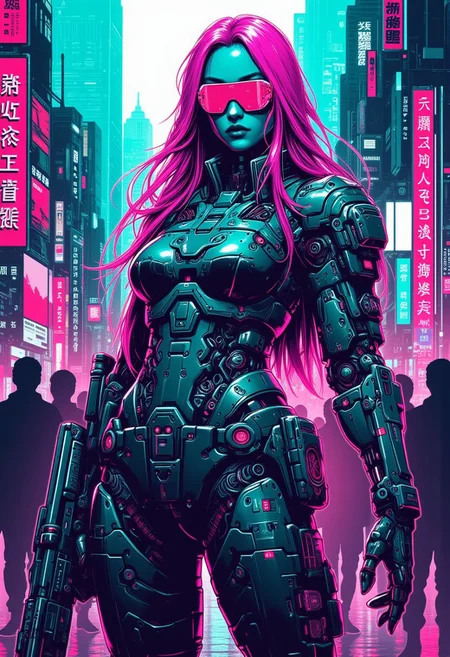 mad-cbrpnksplshrt full of details but with faded outlines, neon ultraviolet hair cyborg girl soldier in combat armor with one robotic arm and one robotic leg holding a pulse rifle, and in the background new york city disintegrating into the matrix behind, best quality, sharp image,