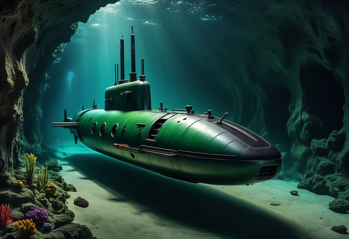 award winning, (professional photo) of (elegant minuscule dark-green submarine) with carbon-fiber hull, magnetohydrodynamic drives, advanced shielding,   the submarine is navigating through  a secluded underwater cave, with smooth walls, gentle currents, hidden treasures, and an air of mystery, , creative, beautiful, vibrant, masterpiece, 64k, UHD, HDR, full view, atmospheric lighting, extremely detailed
