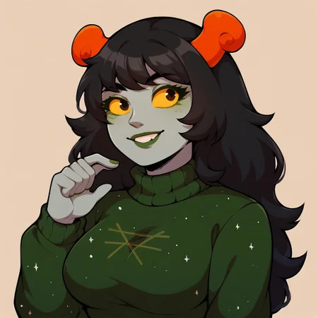 score_9, score_8_up, score_7_up,
BREAK,
1girl, yellow sclera, solo, black hair, smile, colored skin, colored sclera, long hair, horns, upper body, green skin, grey skin, hand up, sweater, long sleeves, breasts,