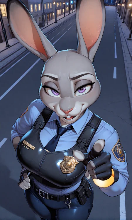 HDR,masterpiece,raytracing,volumetric lighting,amazing quality,1girl,Judy Hoops_(Zootopia),Rabbit Girl,Anthro,solo,Purple Eyes,(Long Ears),furry,fur,body fur,furry female,Grey-White Fur,Rabbit Tail,looking_determined,(open mouth:0.5),happy expression,smug,looking at viewer,upper body,(Police_Uniform, purple_police_shirt, black_police_vest, black_police_pants, badge, gloves, belt),very aesthetic,ultra-detailed,official_art,night,modern building,lights,City,road,standing,(hand on own hip,pointing at viewer),ByCooliehigh,anivrec,MmmmmKunSnsfW,realistic,best quality,<lora:JudyHopps-ILv2:1>,<lora:cervina7-guy90-Illust-Lycorisv1:0.65>,<lora:fellatrix_style_ILXL_goofy:0.45>,<lora:AsuraLycoXL:0.5>,<lora:MmmmmKun_Style_SK:0.3>,<lora:realistic filter [IL]:0.25>,<lora:DetailedEyes_V3:0.8>,<lora:locon_perfecteyes_v1_from_v1_64_32:0.7>,<lora:DetailedPerfect_hands_r1:0.8>,<lora:Expressive_H:1>,<lora:aboveBelow1.3_alpha1.0_rank16_full_900steps:4>,<lora:night-XL:1>,from above,ray tracing,