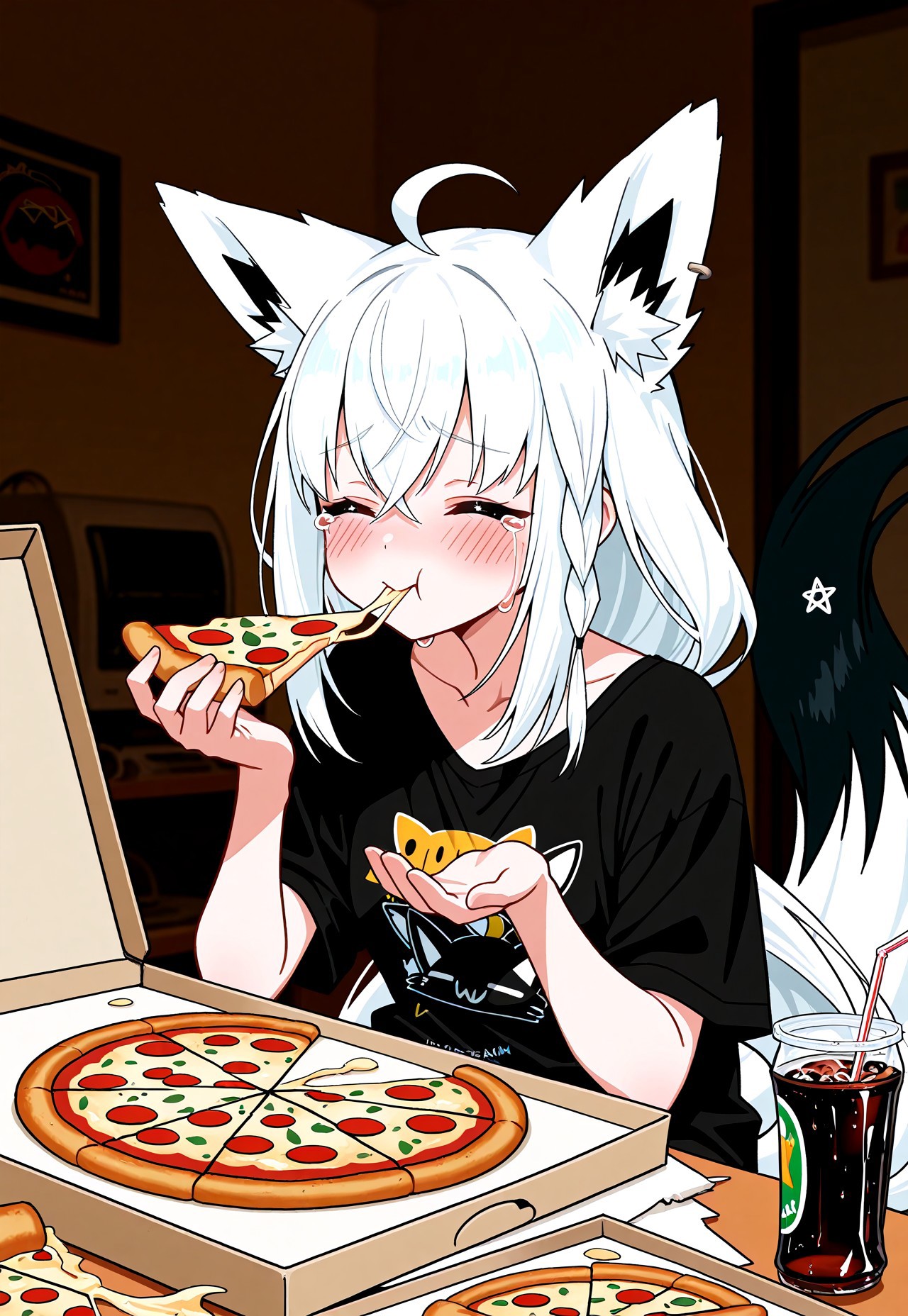 masterpiece, best quality, absurdres, very aesthetic, D3ND3N, nejima kitsune \(shirakami fubuki\), shirakami fubuki, shirakami fubuki \(loungewear\), 1girl, ahoge, animal ear fluff, animal ears, black shirt, blush, burger, cheese trail, closed eyes, crying, drinking straw, eating, food, fox ears, fox girl, fox tail, hair between eyes, holding, holding food, holding pizza, indoors, long hair, pizza, pizza box, shirt, sitting, soda, solo, tail, virtual youtuber, white hair