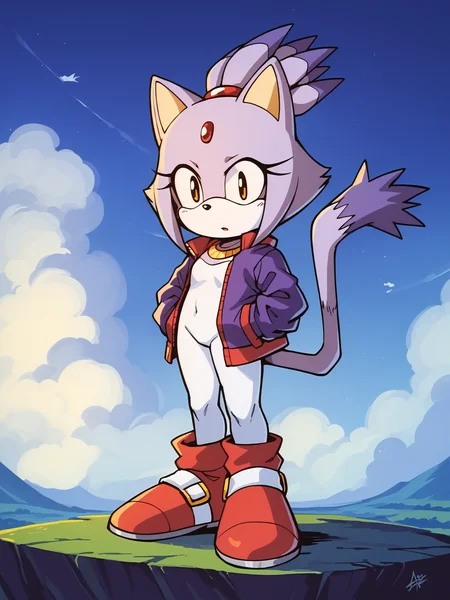 score_9, score_8_up, score_7_up, score_6_up, source_anime, zPDXL, <lora:ALTXL_pony_0061_8:1>, BREAK
1girl, solo, full body, <lora:Sonic_OVA:1> sonic_ova, (blaze the cat), purple fur, black eyes, outdoors, clouds, cloudy sky, purple jacket, white pantyhose, red boots, cat girl, cat tail, cat ears, short, flat chest, little girl, child, shortstack,