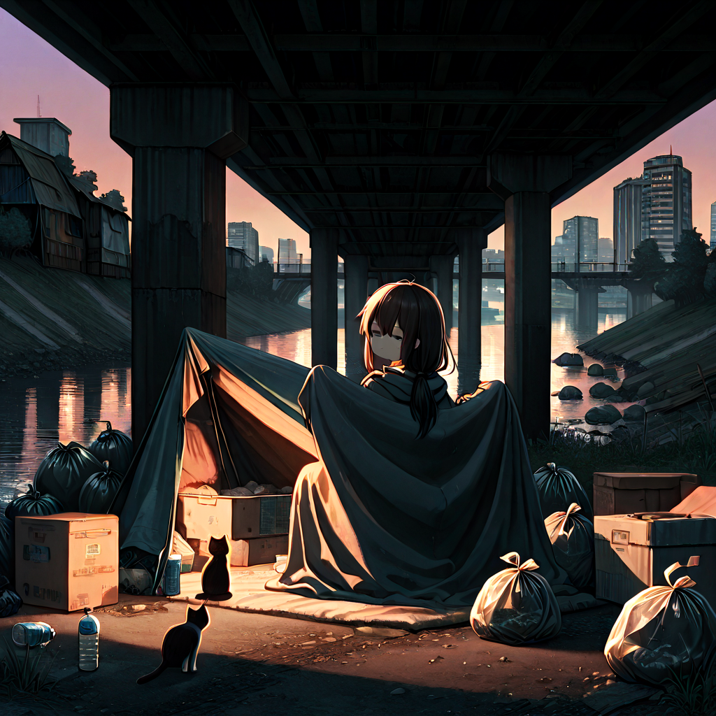 absurdres, explicit, shack under bridge, deep shadow, stanind, facing away, 1girl, light frown, blanket, covering with blanket, cat, box, fog, city, tree, rock, weeds, ruins, river, water, building, scenery, outdoors, trash bag, water bottle, awning, tent interior, sunset, <lora:girlhateshackunderbridge_ilxl:1>