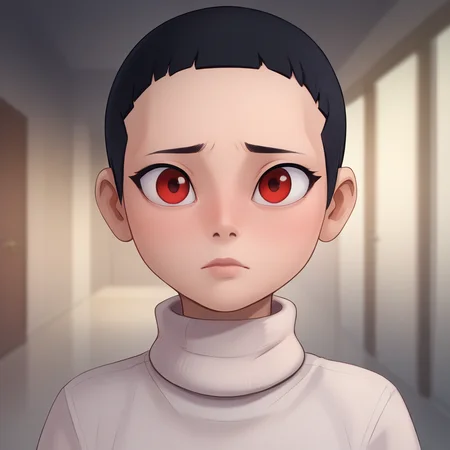 score_9_up, score_8_up, BREAK, BuzzShortHair, very short hair, forehead, solo, 1girl, black hair, red eyes, upper body, arms at sides, depth of field, <lora:BuzzShortHair_PXL_Leaf1:1>, turtleneck, <lora:shadmanreal-guy-PONY-DORAv1:1>
