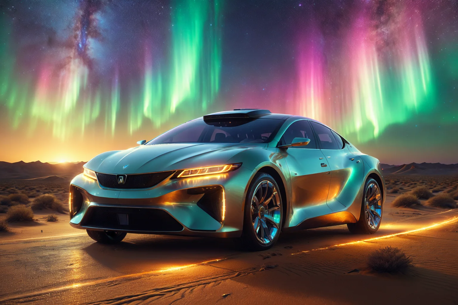 morph-aurora, a hovering sedan with smooth lines, floating wheels, solo, futuristic trunk, auto-opening, neon-lit highway, holographic signs, city lights, detailed background, parked in a desert, sand around, holographic markers nearby, action focus, medium shot, a futuristic fuel cell, glowing softly, on the ground, best quality, rich colors, photorealistic style, high detail, high-definition, hyper-realistic, extremely high-resolution details, fine texture, incredibly lifelike, realistic, not fantasy, not anime, not drawing, highres, 4K resolution, source photo, realistic photo, masterpiece, best quality, amazing quality, very aesthetic, ultra-detailed, detailed surfaces, natural metallic tones, soft lighting, futuristic gold, metallic sheen, warm light, dynamic angle, wide shot, <lora:add-detail-xl:1> <lora:aurora_0_100_V1-000009:0.65>
