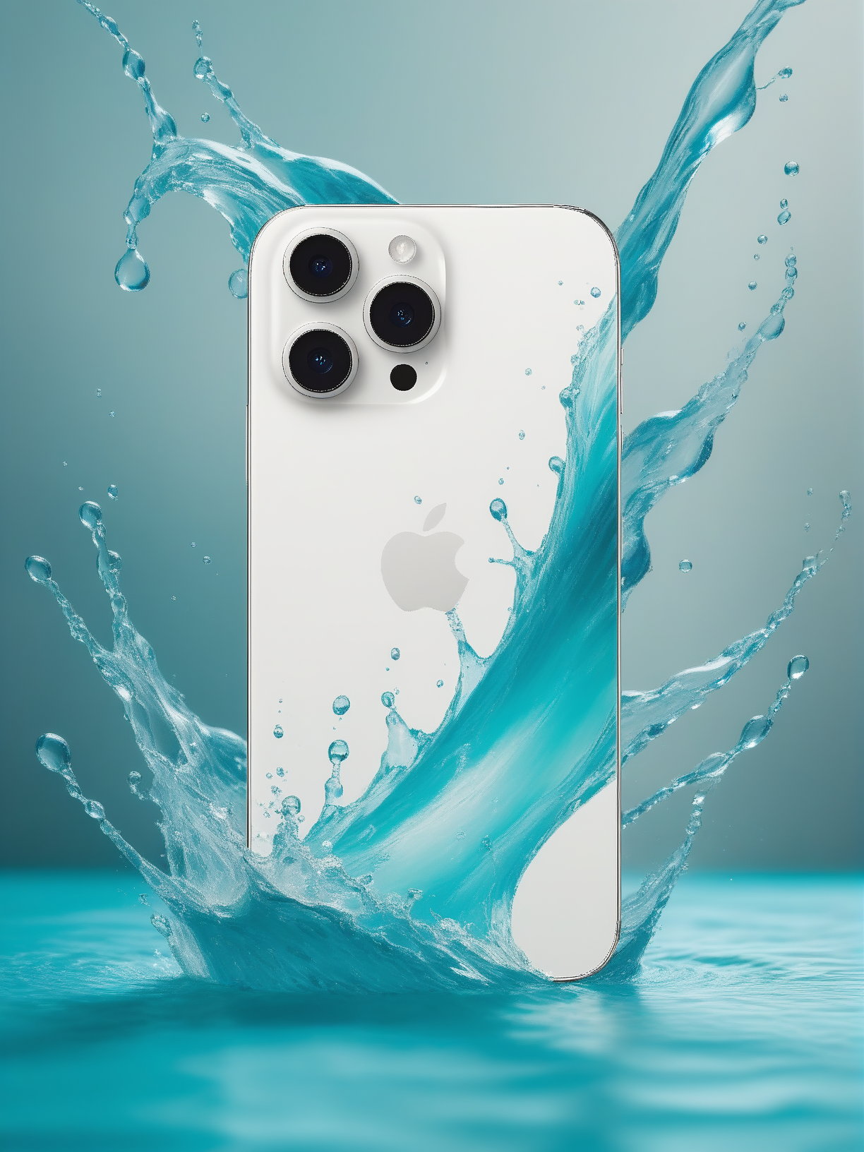 white smartphone in the foreground, with a backdrop of a dynamic water splash, its turquoise twists and droplets captured in a moment of energetic motion, representing a fusion of technology with the fluidity of nature, Cool colors <lora:unit_iPhone:0.8>