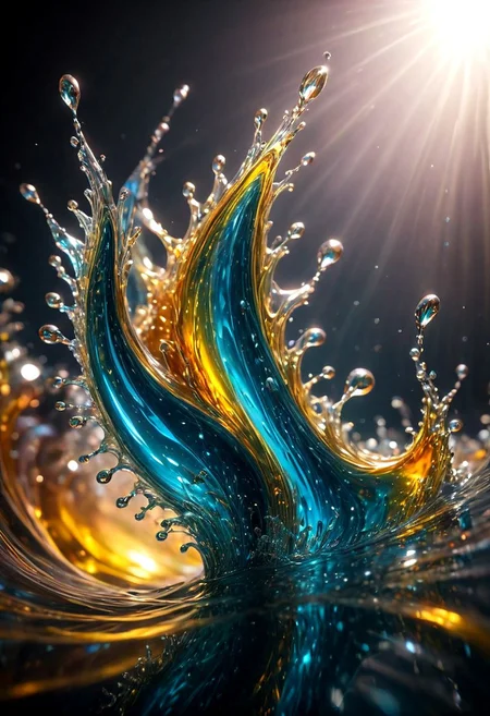 An abstract shape, amazingly fluid, made of glass, detailed, 3d fractals, light particles, water drops, shimmering light, surreal, ink, smooth, shimmering, glow, cinematice contrast, Glow, 
16k