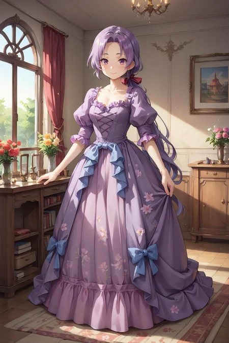 score_9, score_8_up, score_7_up, score_6_up, source_anime, BREAK, <lora:Russell:0.85> , rusdef, 1girl,  purple hair, long hair, ponytail, low ponytail, hair ribbon, standing, purple dress, frilled dress, sheathed, (looking at viewer), smile, closed mouth, cowboy shot, interior, ballroom, <lora:backgroundsetXL:0.5> , background,  <lora:b3yum1XLP:0.7> , b3yum1,  <lora:wrenchrococodomepdxl:0.8> , wrenchrococodome, gown, layered clothing, floral print, puffy sleeves,