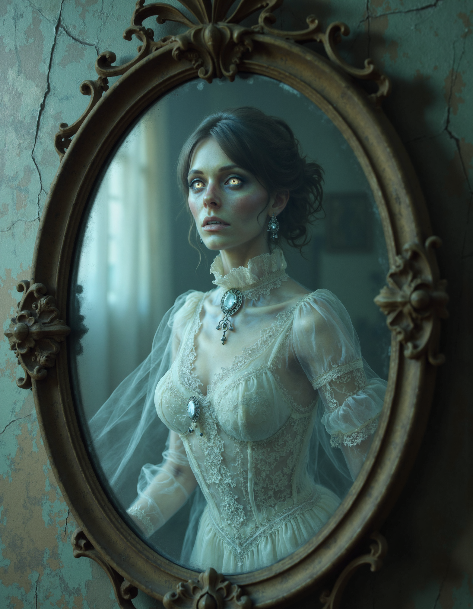 zavy-ghst, Low-angle close-up shot, a translucent figure resembling a Victorian-era woman with tattered lace and glowing eyes, gently floating above an old, cracked mirror reflecting a dimly lit room, surrounded by dust particles and faded wallpaper, ethereal and dreamy style, soft pastels with hints of silver and deep emerald.